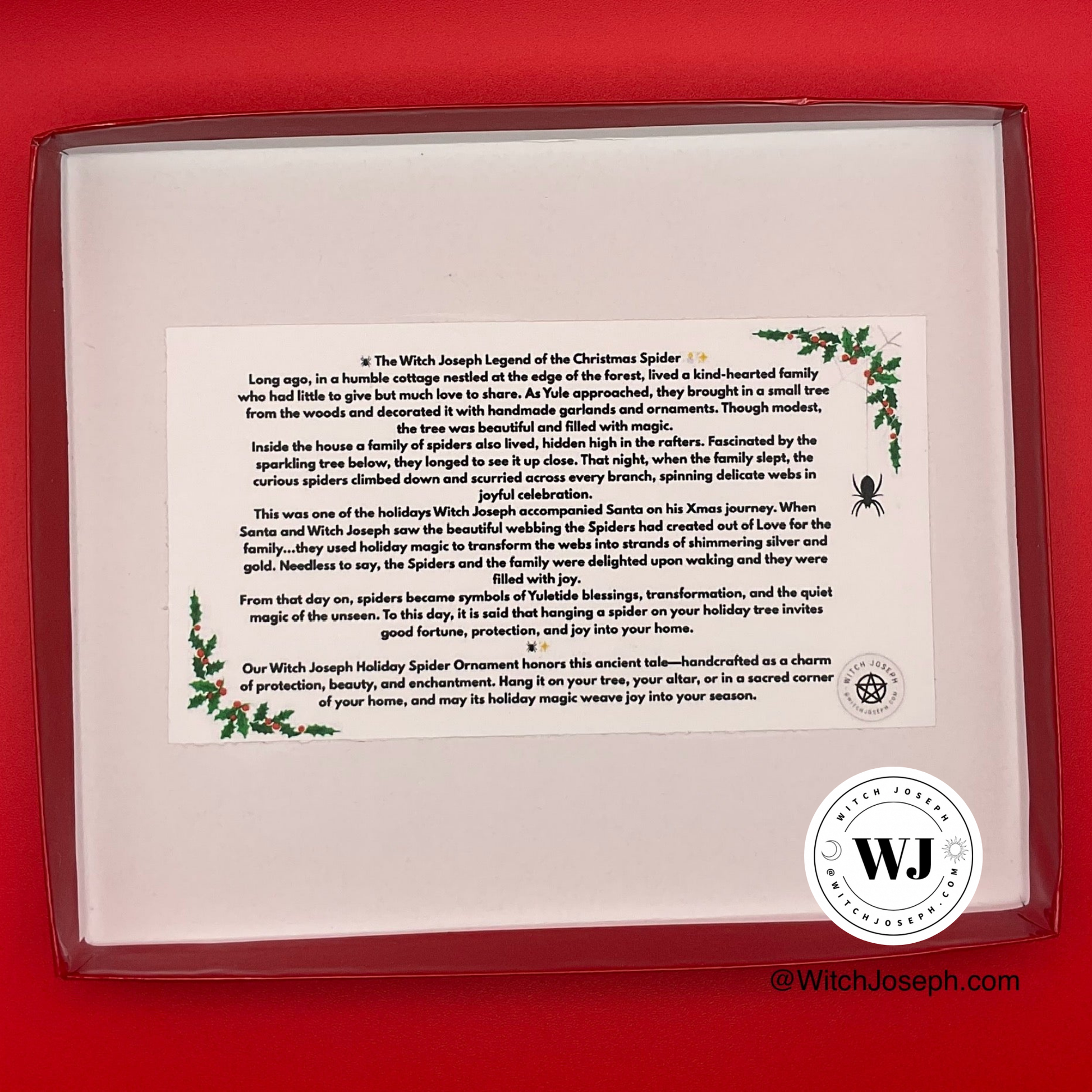 Red Spider holiday ornament package lid showing the legend of the Spider with the Witch Joseph logo