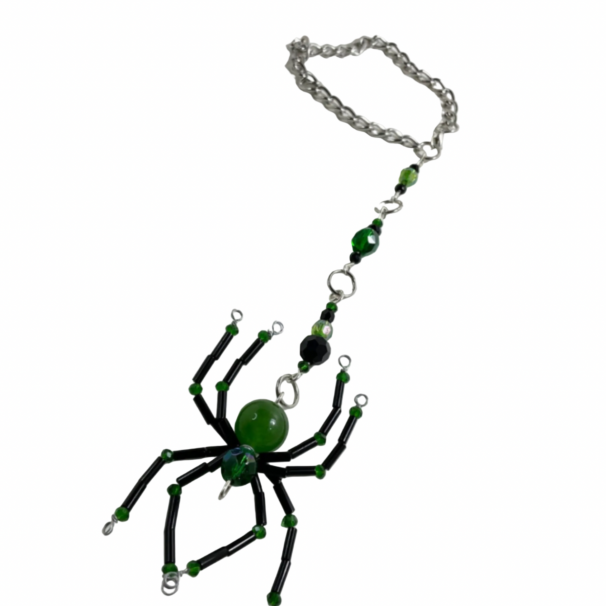 Beaded Spider-shaped Sun Catcher in green and black on a white background