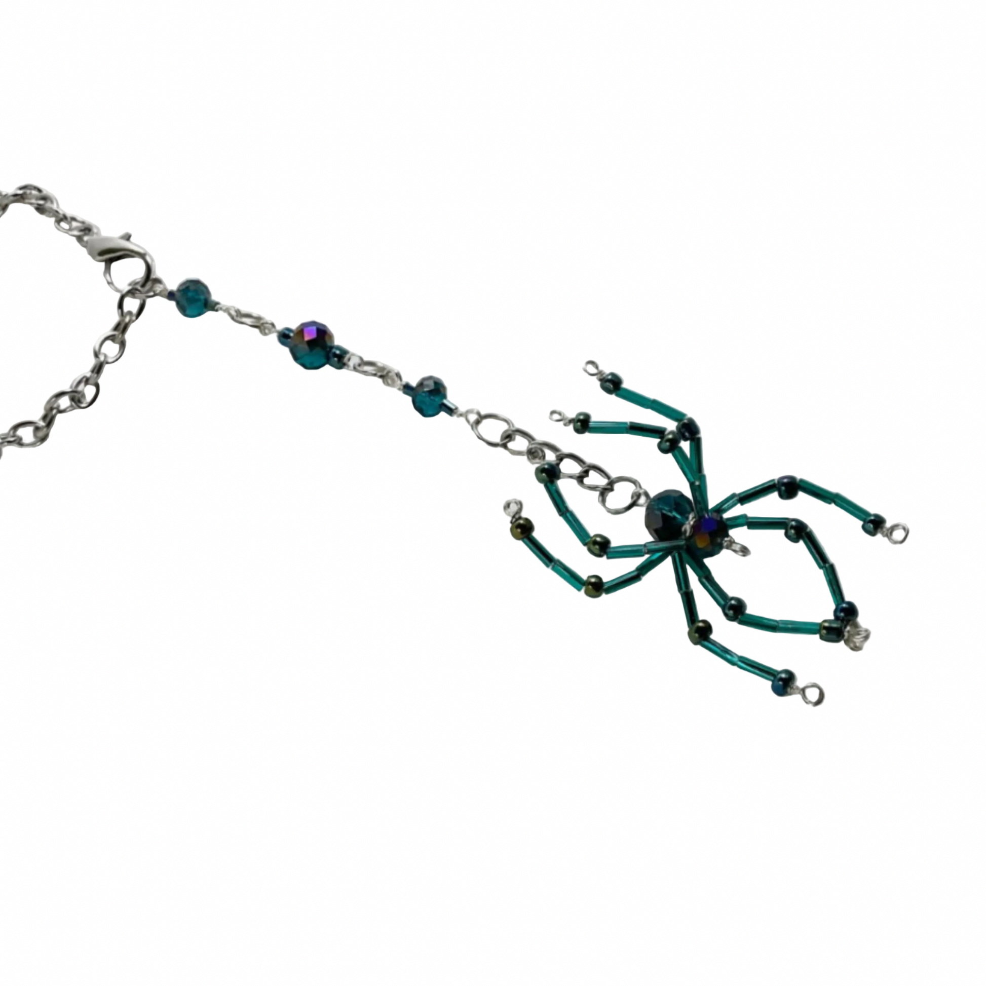 Beaded Sun Catcher car charm with a turquoise spider-shaped charm on a white background