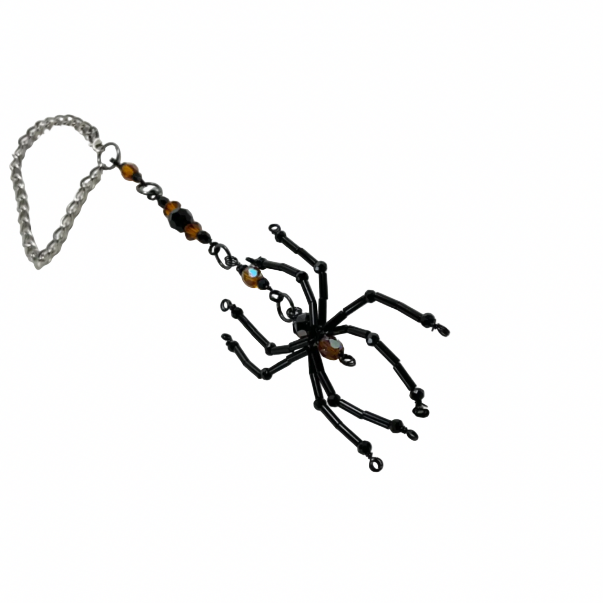 Black spider-shaped Sun Catcher with Orange bling accent beads on a chain against a white background