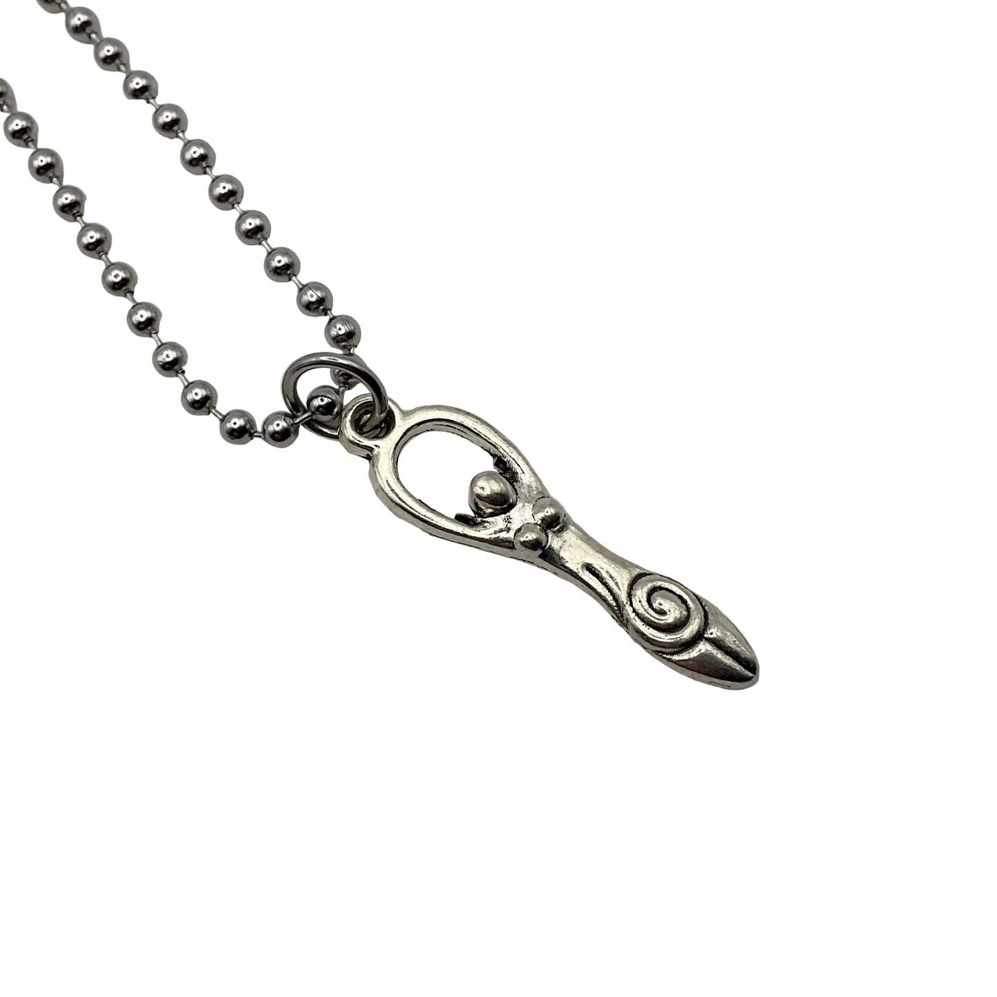 Silver tone Goddess pendant with Spiral symbol necklace on a white background