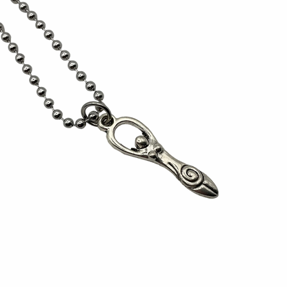 Silver tone Goddess pendant with Spiral symbol necklace on a white background