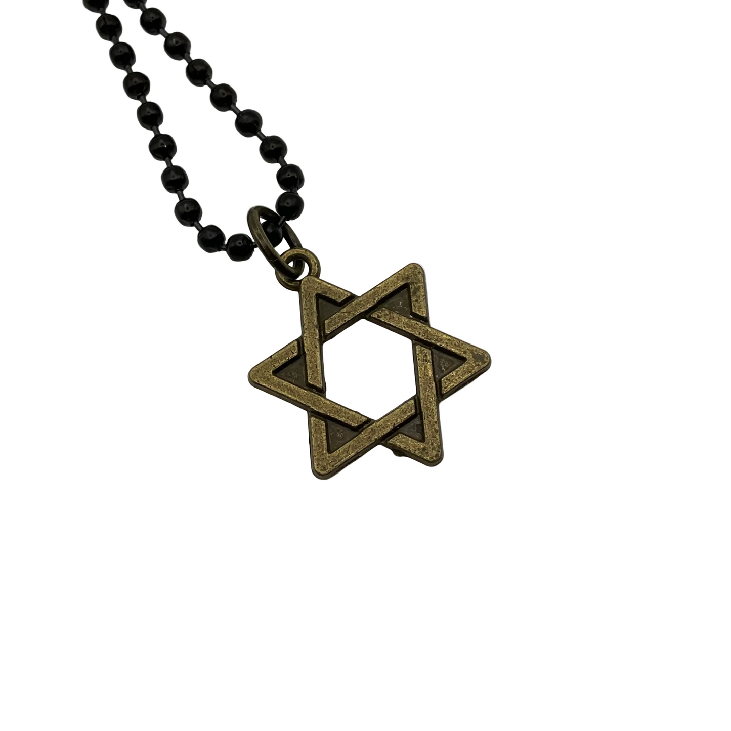 bronze tone Star of David charm necklace on a black ball chain shown against a white background