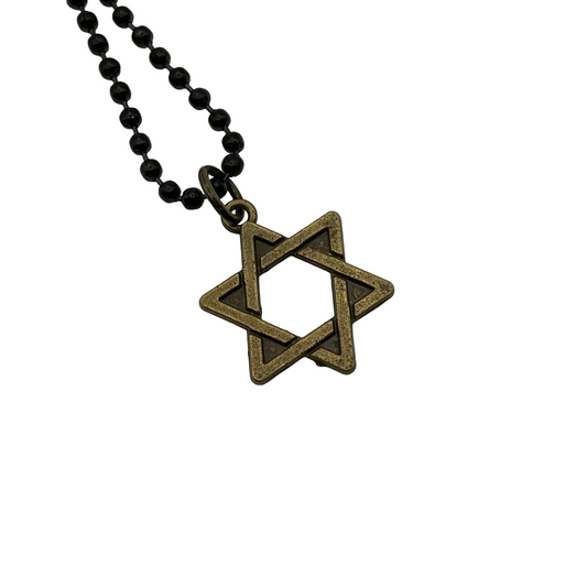 bronze tone Star of David charm necklace on a black ball chain shown against a white background