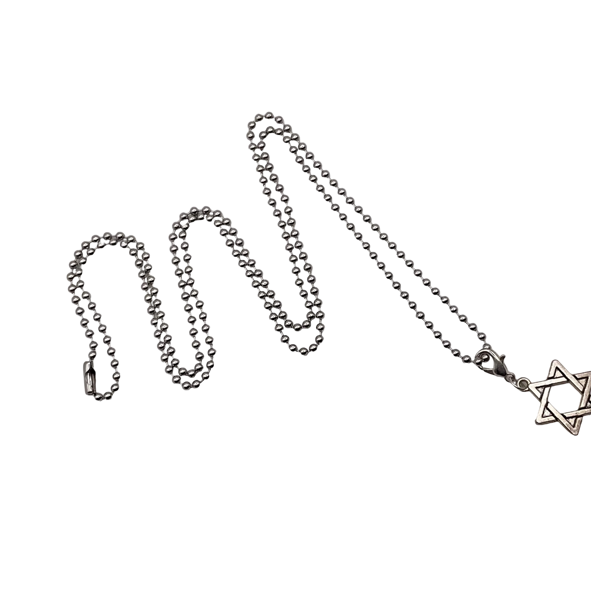 Silver tone ball chain necklace with a Star of David pendant on a white background.