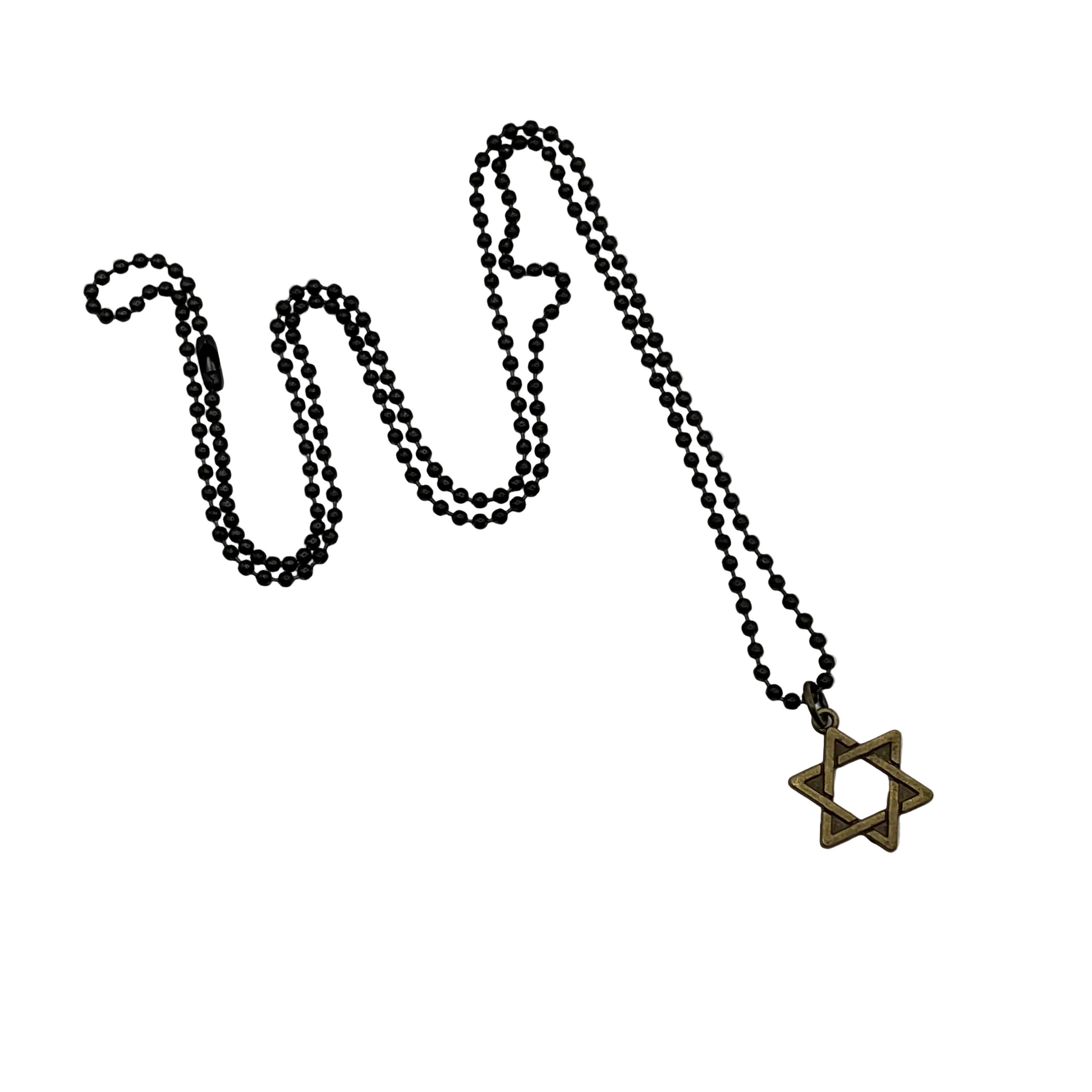 Black ball chain necklace with a bronze tone Star of David pendant on a white  background