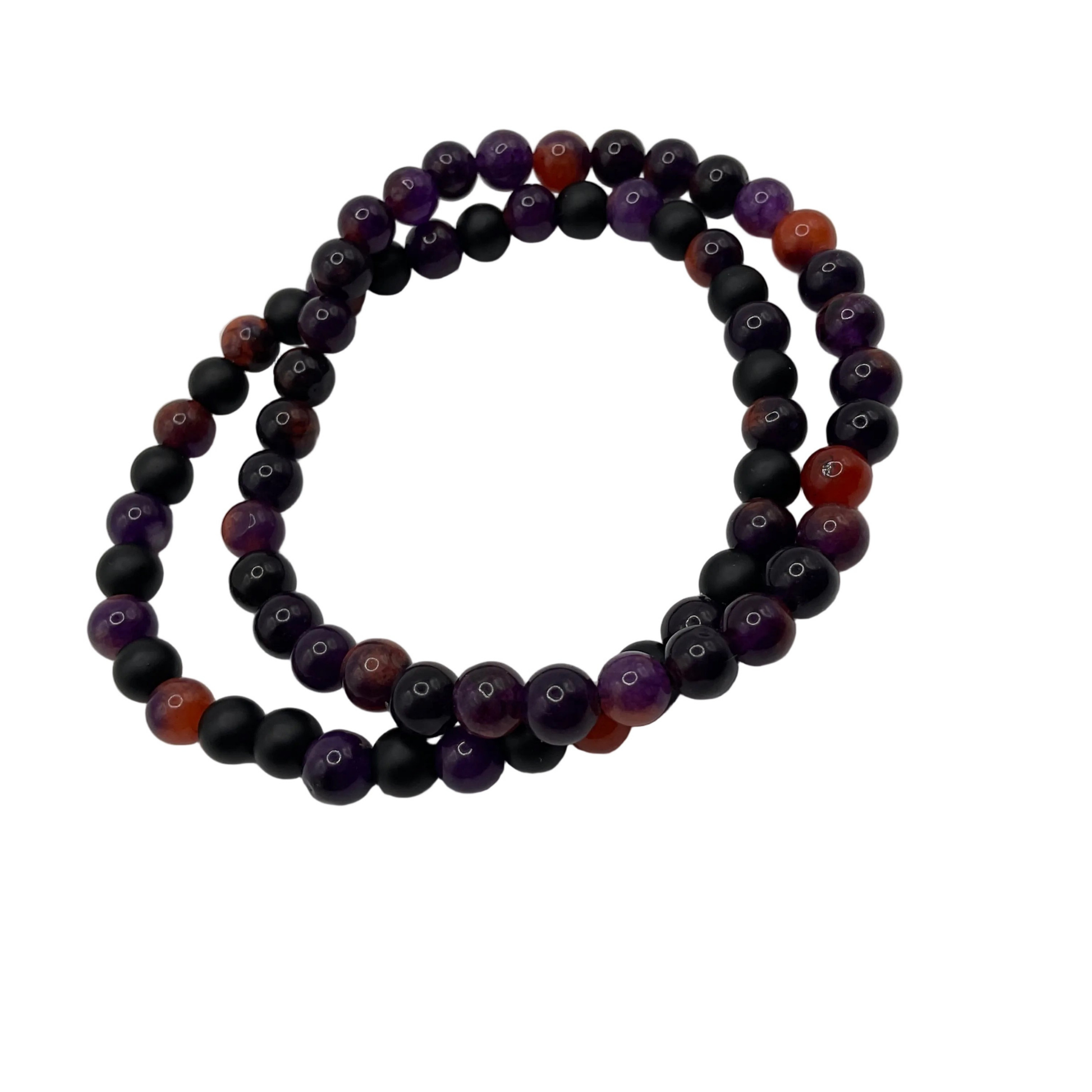 Set of 2 beaded bracelets with black orange and purple displayed on a white background