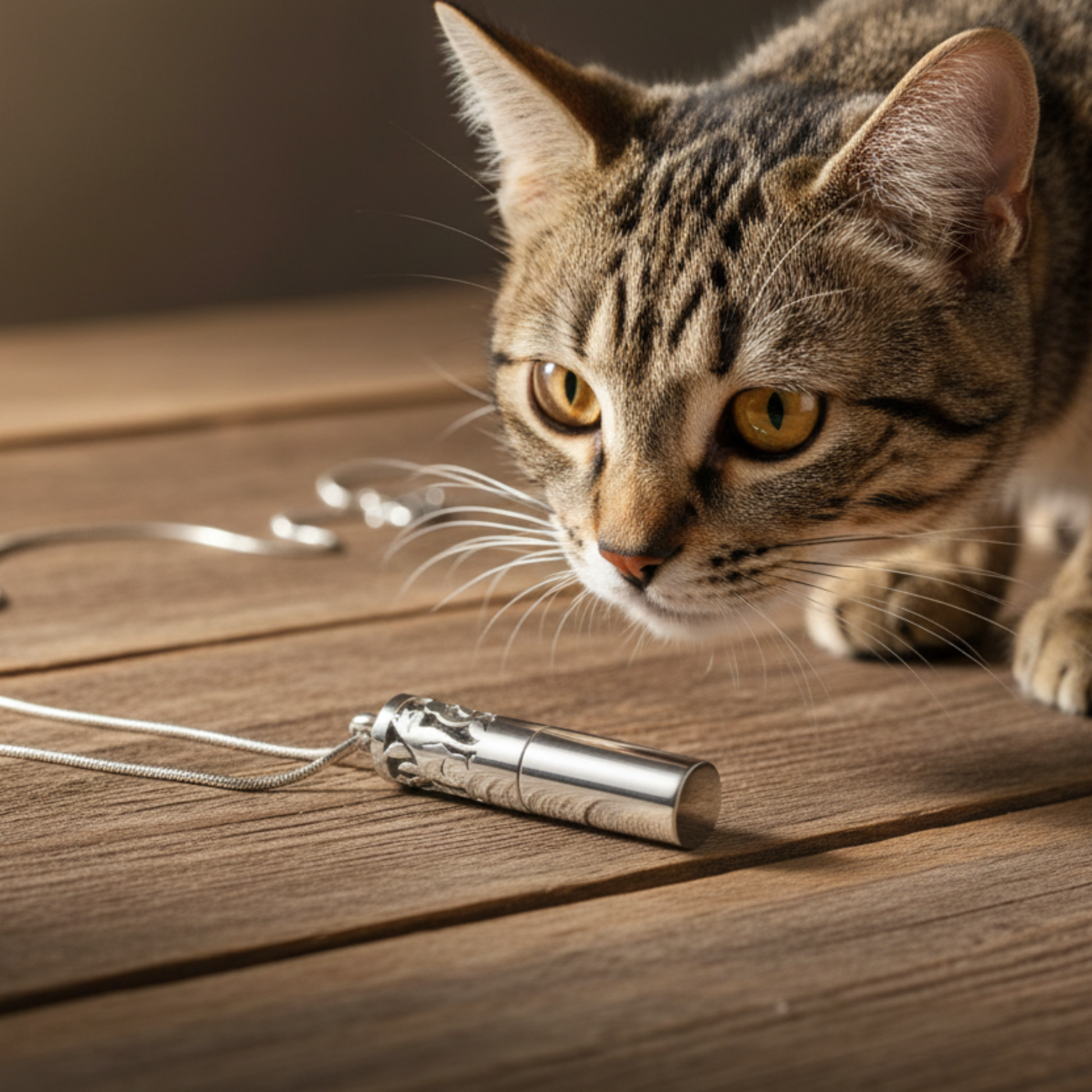 a picture showing the Suns eye cat pendulum oil diffuser locket sitting on a wooden table with a cat investigating it.