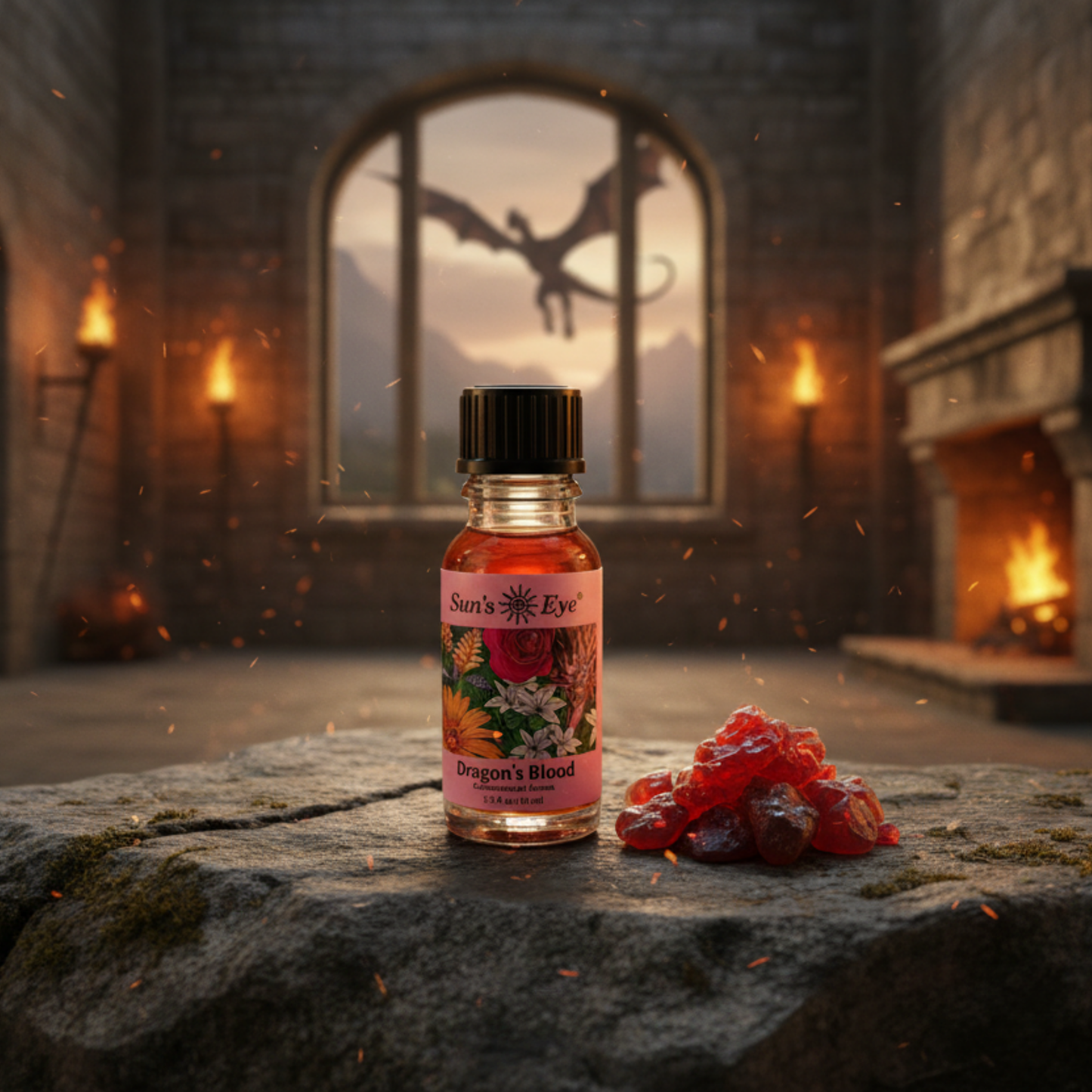 Bottle of 'Sun's Eye' Dragon's Blood with red resin beside it on a stone surface in a dragon medieval fantasy setting