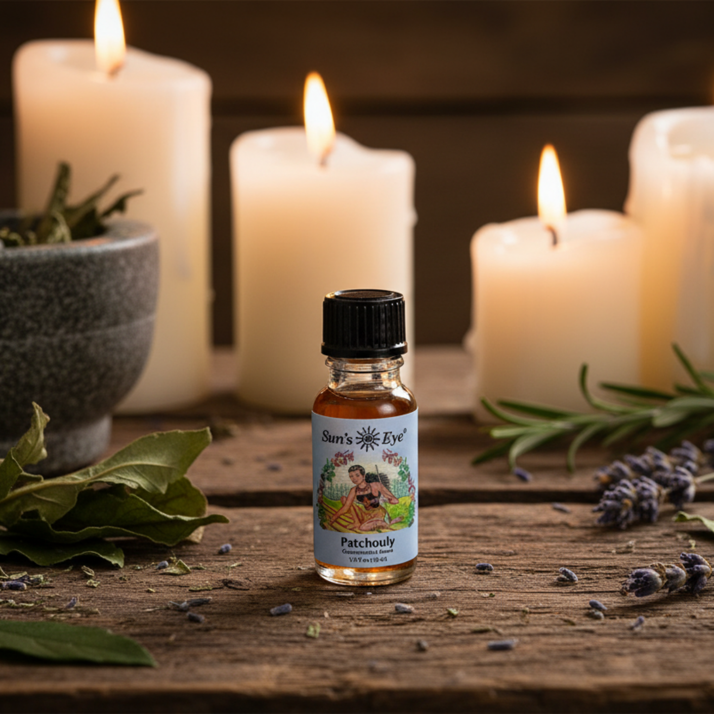 Bottle of 'Sun's Eye' Patchouly essential oil with candles and herbs on a wooden surface