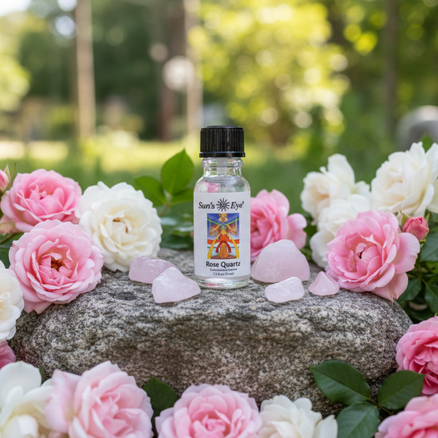 a bottle of rose quartz oil from Suns eye sitting on a stone in a garden with rose quartz and roses.