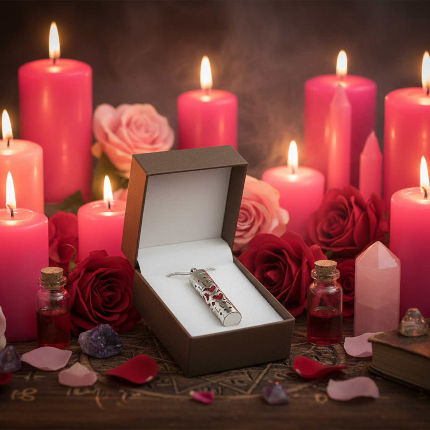 a picture of the suns eye aromatherapy Pendulum Love Locket sitting on a witch altar with pink candles and roses.