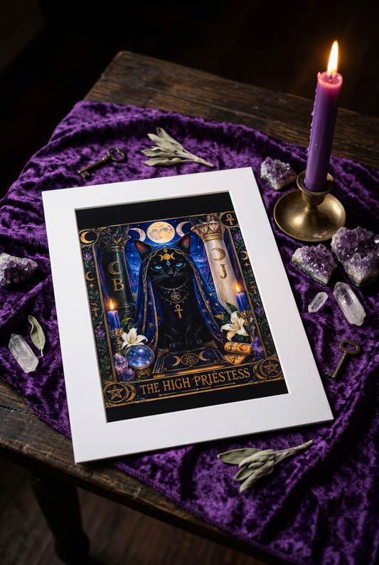A matted art print of 'The High Priestess' tarot card featuring a black cat under a full moon, styled on a dark wooden table with a purple velvet cloth, crystals, a lit purple candle in a brass holder, and dried leaves.