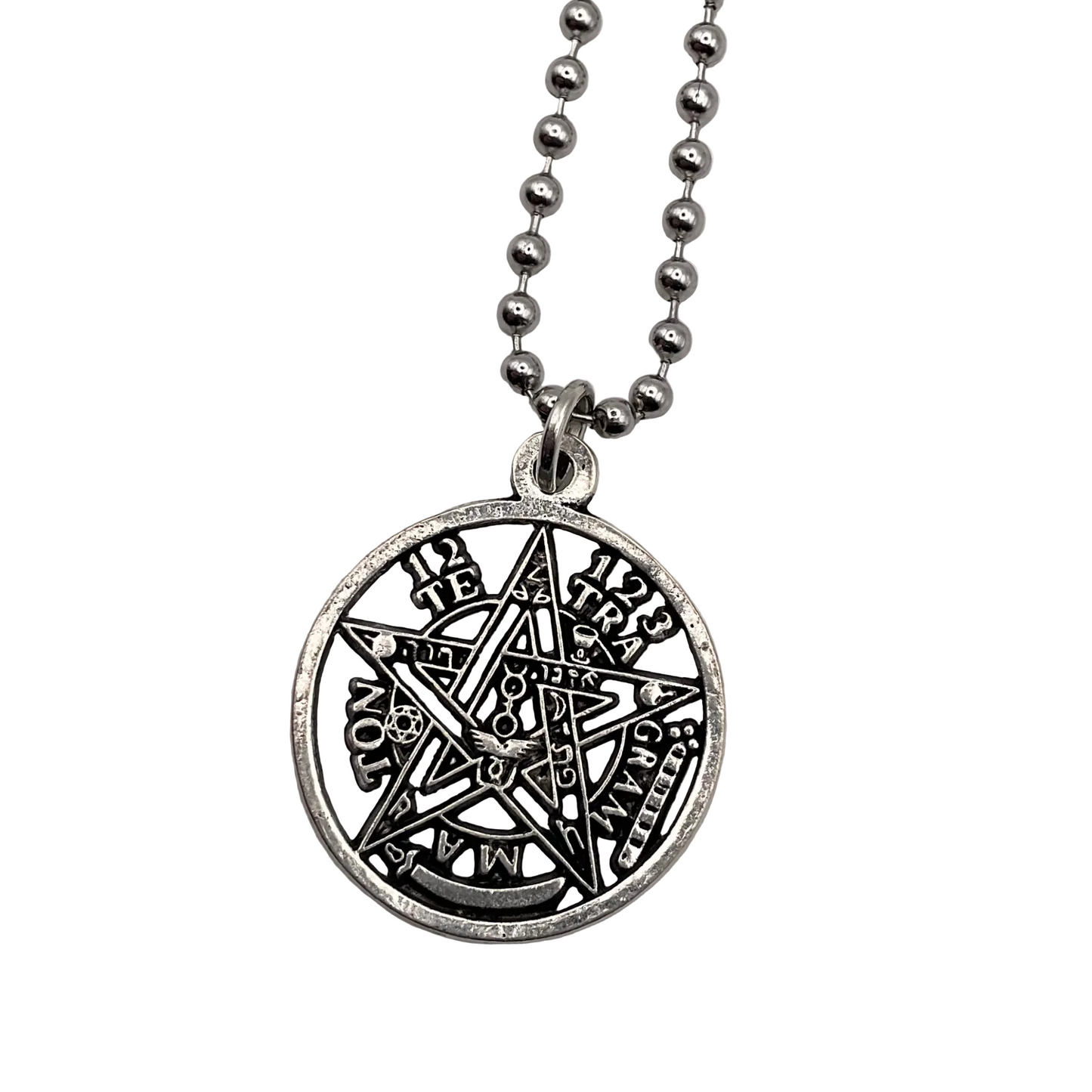 Silver tone pentagram pentacle Tetragrammaton pendant on a ball chain against a white background