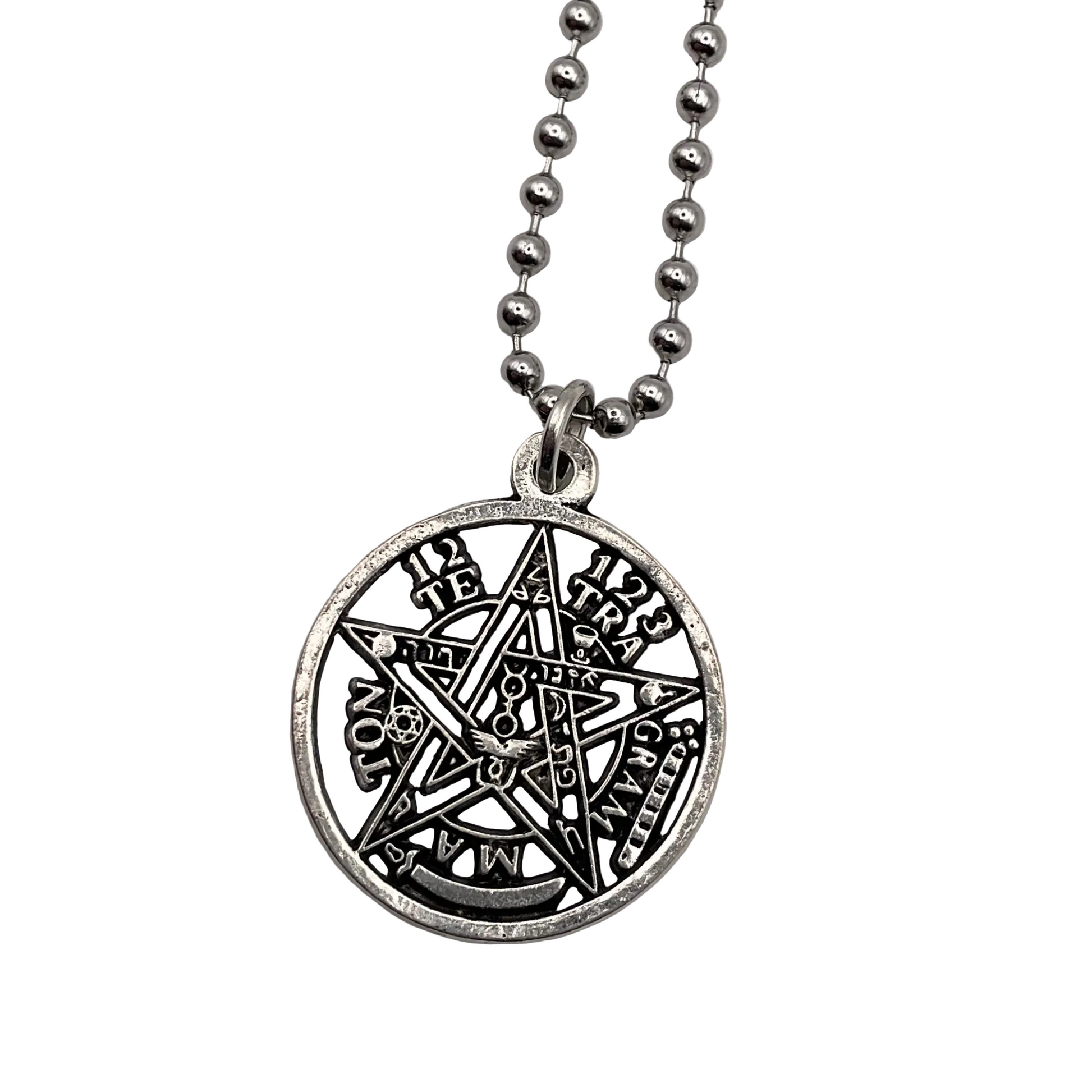 Silver tone pentagram pentacle Tetragrammaton pendant on a ball chain against a white background