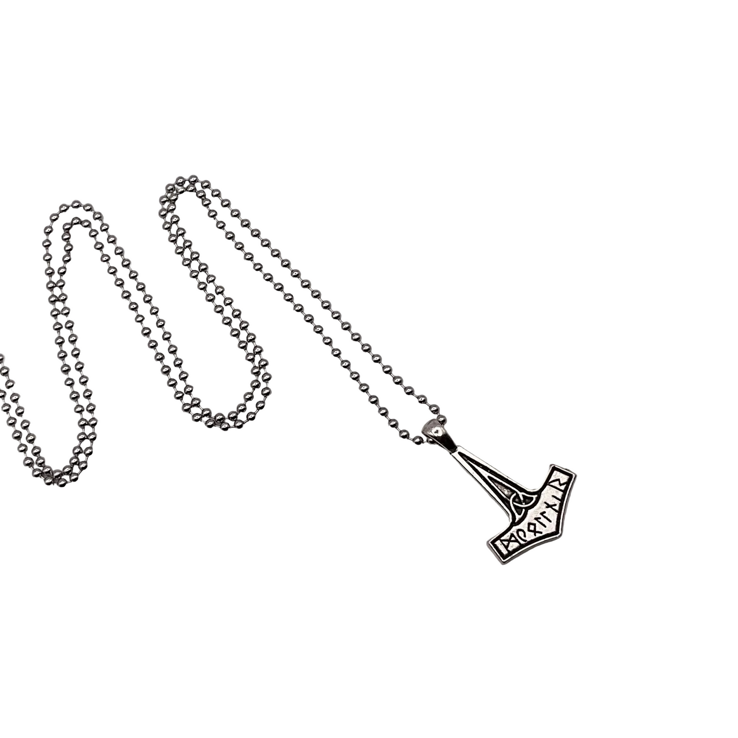 Necklace with a silver tone Mjolnir pendant with ball chain on a white background.