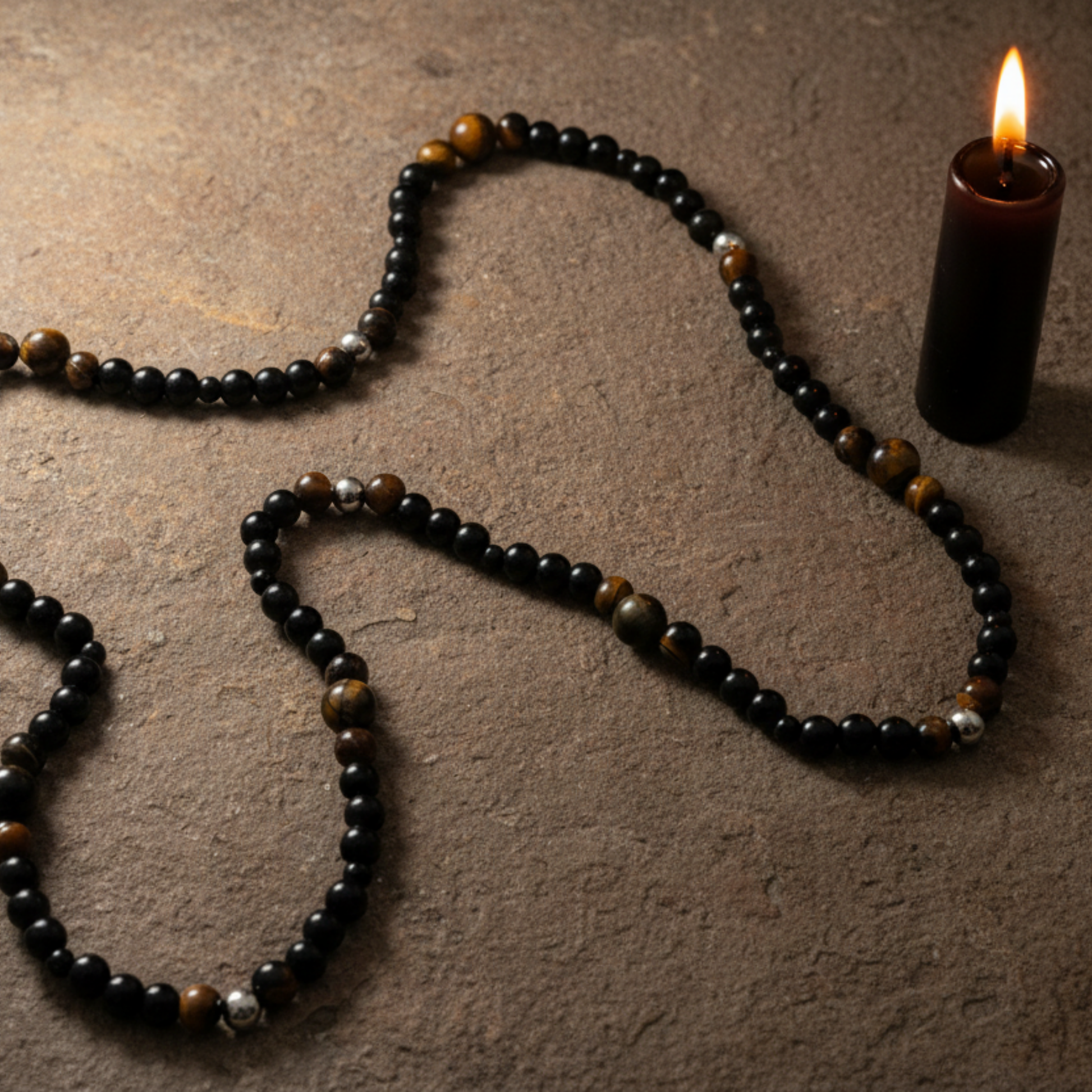 Tigers Eye necklace with black and steel bead accents sitting on a rustic stone next to a lit black candle