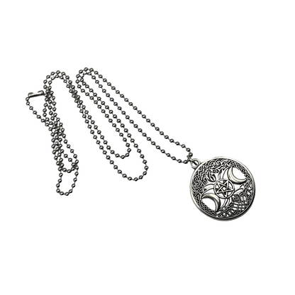 Silver tone necklace with a circular pendant featuring a Celtic tree of life with triple Moon Goddess symbol including a pentacle displayed on a white background.