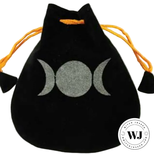 Black drawstring bag with a silver triple Goddess moon symbol on a white background, featuring the brand 'Witch Joseph”