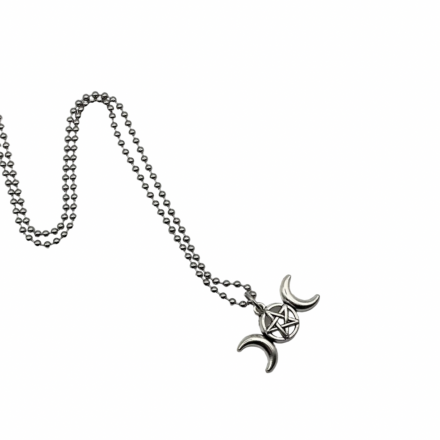 Necklace with a triple Goddess symbol with pentacle on a ball chain on a white background