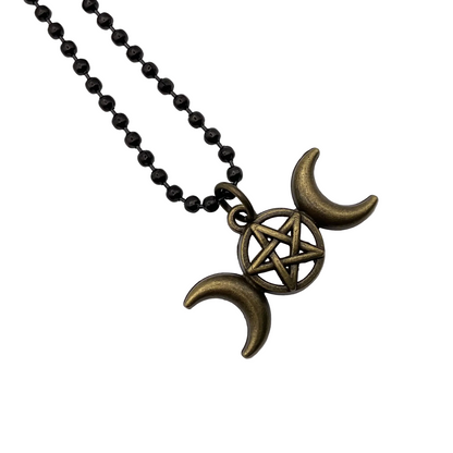 Necklace with bronze pentagram triple goddess pendant on black ball chain