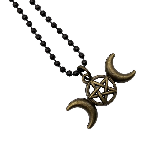 Necklace with bronze pentagram triple goddess pendant on black ball chain