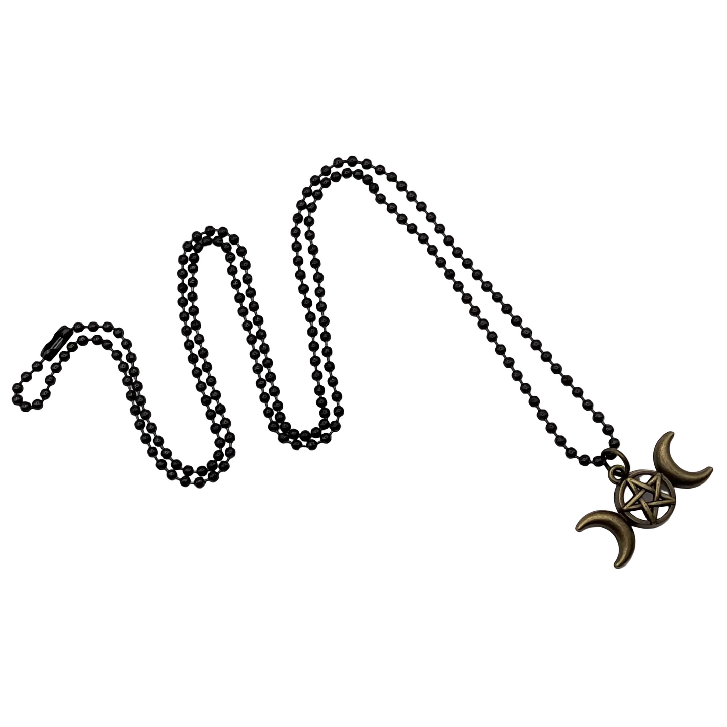 Necklace with a bronze tone triple goddess pentagram pendant with black ball chain on a white background