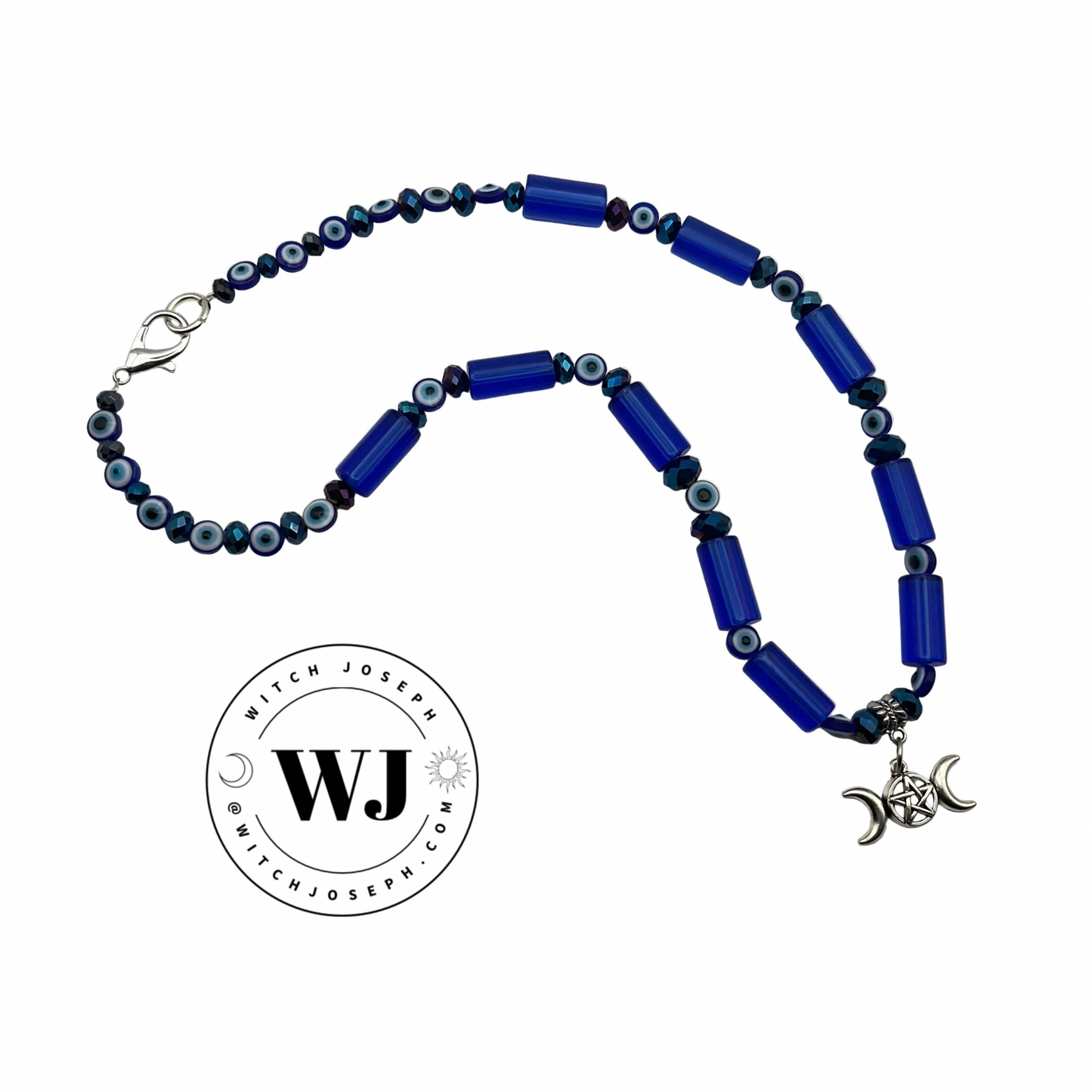 Blue beaded necklace with a silver triple Goddess charm on a white background, featuring the brand 'Witch Joseph'