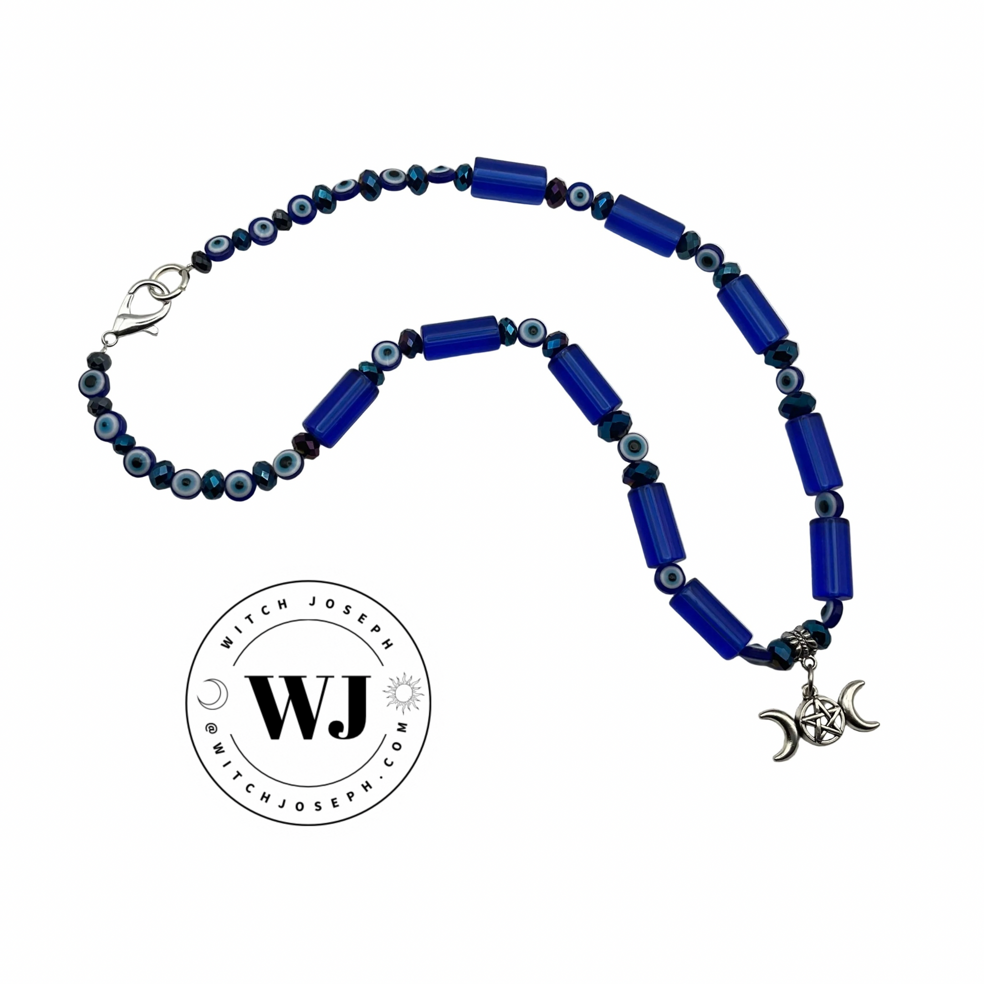 Blue beaded necklace with a silver triple Goddess charm on a white background, featuring the brand 'Witch Joseph'