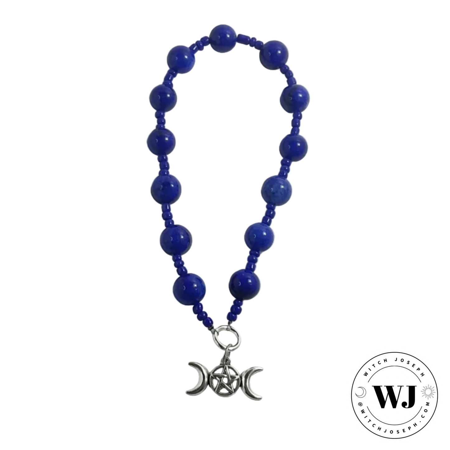 Blue beaded prayer beads with a silver triple Goddess pendant displayed on a white background, featuring the brand 'WJ'.