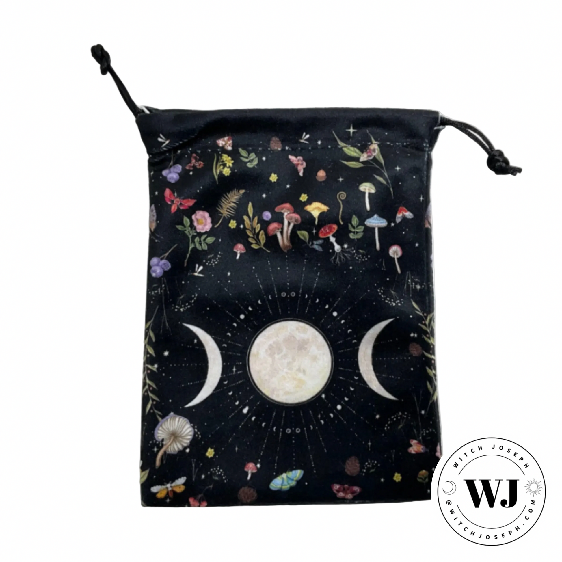Drawstring bag with celestial triple moon goddess symbols and nature-themed design on a white background