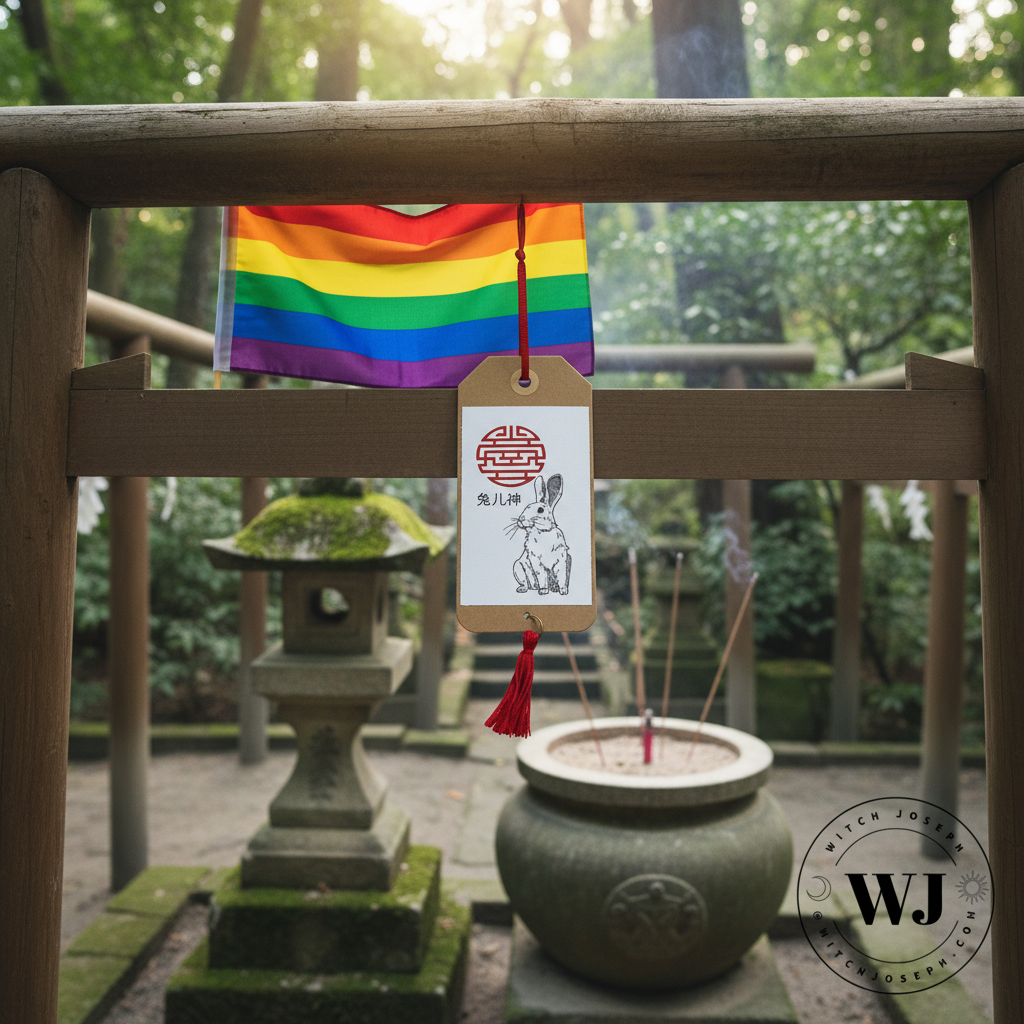 The Tuer Shen prayer card here shown displayed hanging in a Shinto shrine, a nature shrine with Chinese elements…with the Witch Joseph Logo