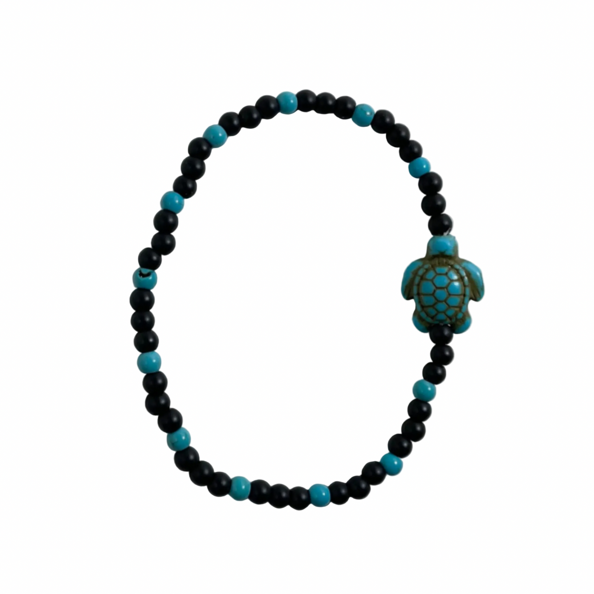 Turquoise tone and black Beaded bracelet with a turtle charm displayed on a white background