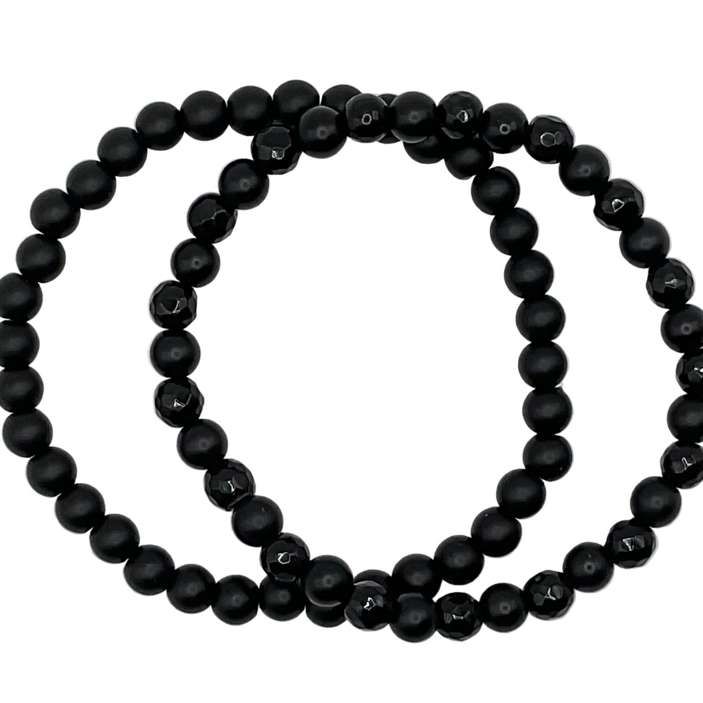 Two black beaded bracelets on a white background