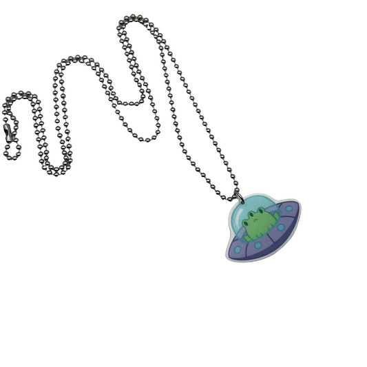 Ball Chain Necklace with an acrylic pendant featuring a green alien in a purple spaceship on a white background