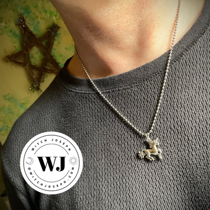 Necklace with a unicorn pendant worn by a person, with 'WJ' logo in the corner.