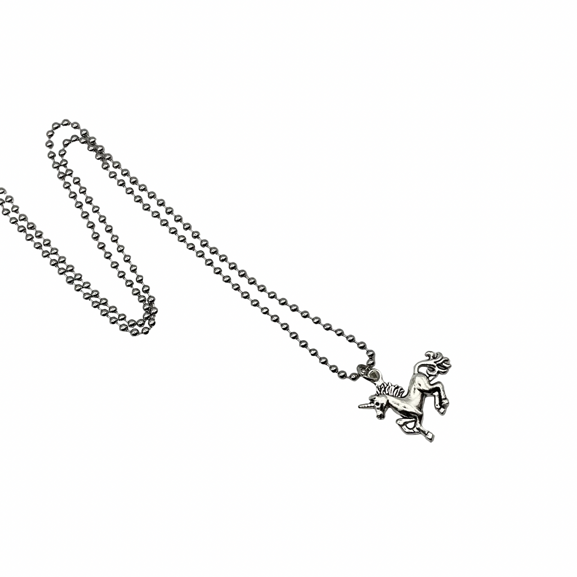 Silver tone necklace with a Unicorn pendant on a white background