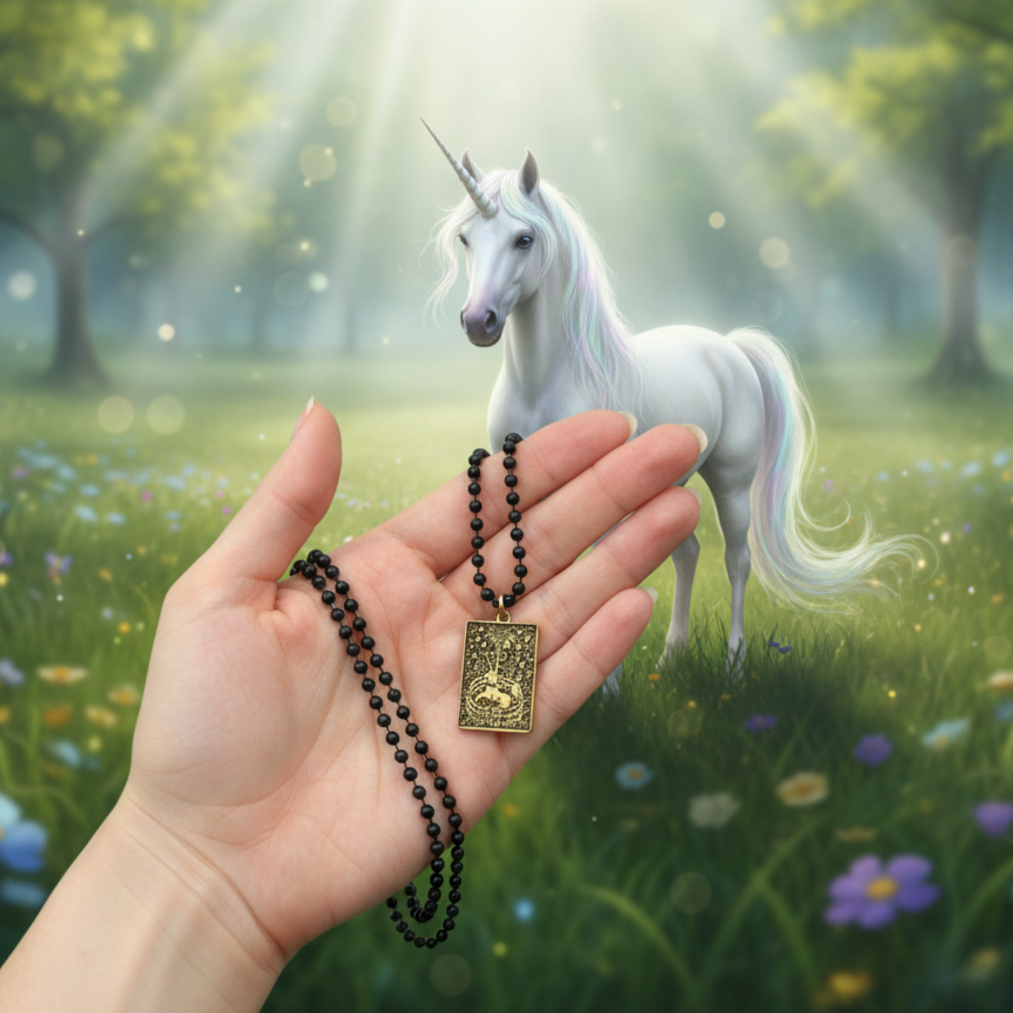 a woman’s hand holds the Unicorn tapestry charm necklace in a meadow with a Unicorn standing before her