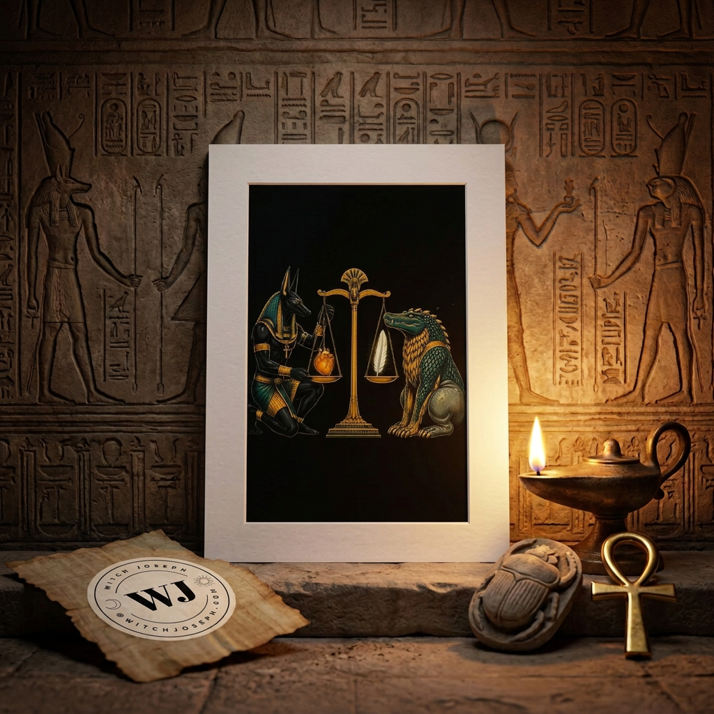 A matted art print featuring a black background with a golden scale of justice, Anubis and Ammit, displayed in an ancient Egyptian setting of rustic stone and relics.  The witch joseph logo is on the papyrus.