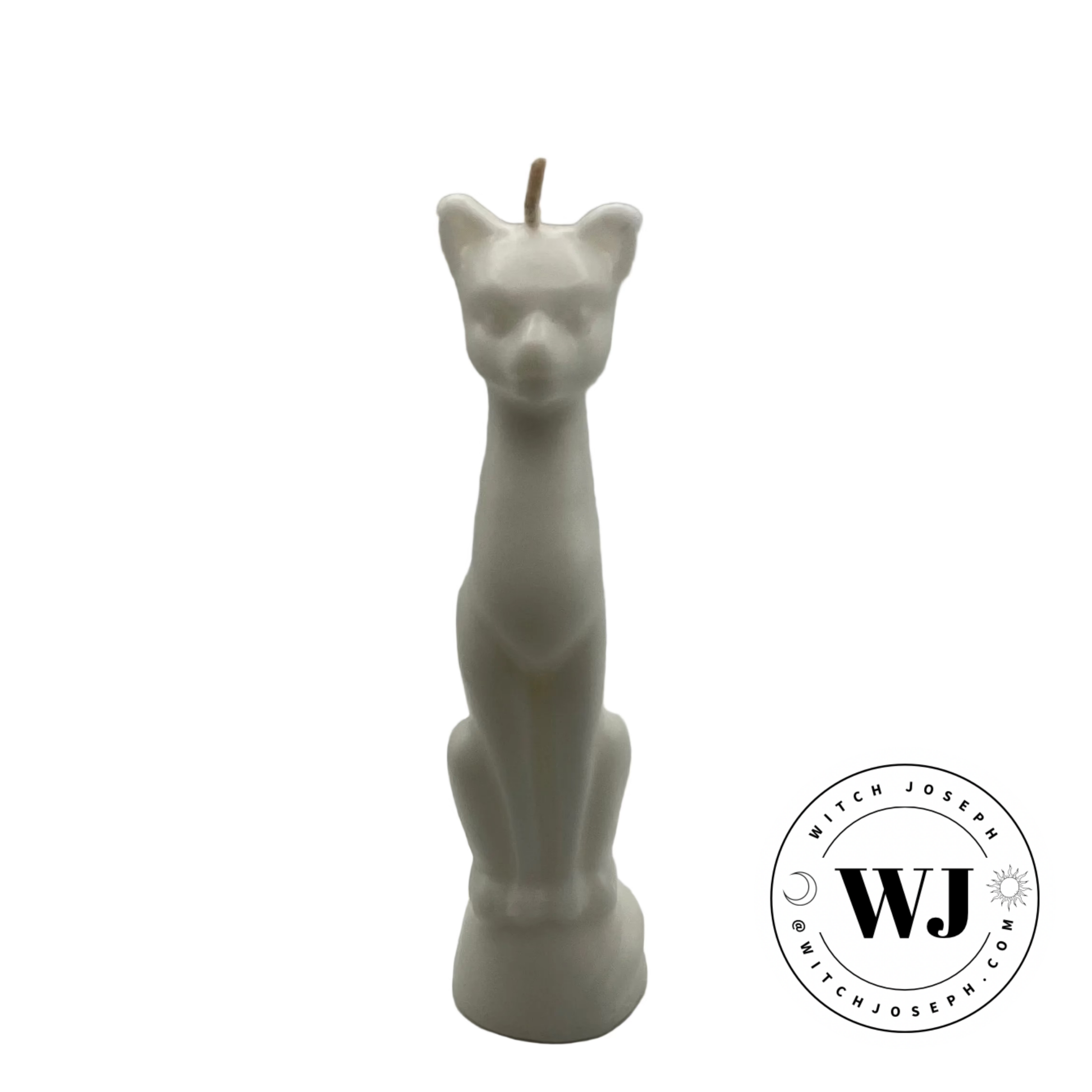 White cat-shaped candle on a white background with 'WJ' logo.