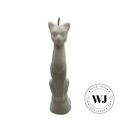 White cat-shaped candle on a white background with 'WJ' logo.