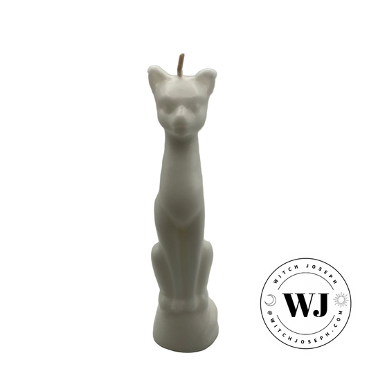 White cat-shaped candle on a white background with 'WJ' logo.
