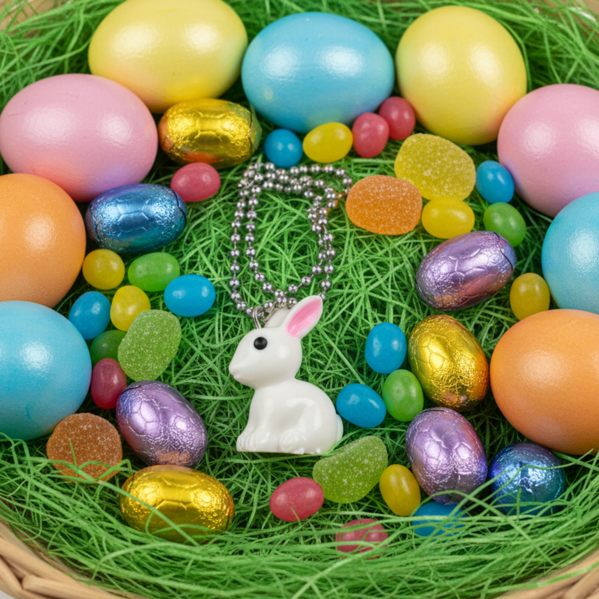 Colorful Easter eggs and candies in a basket with a bunny necklace on ball chain.