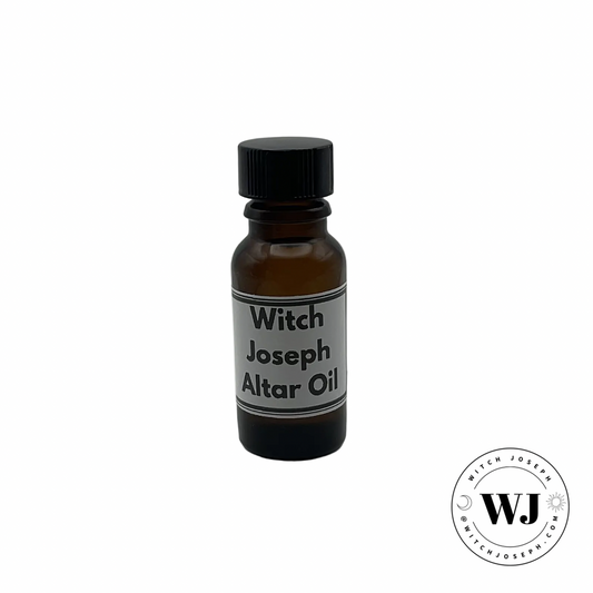 Bottle of Witch Joseph Altar Oil with a black cap displayed on a white background