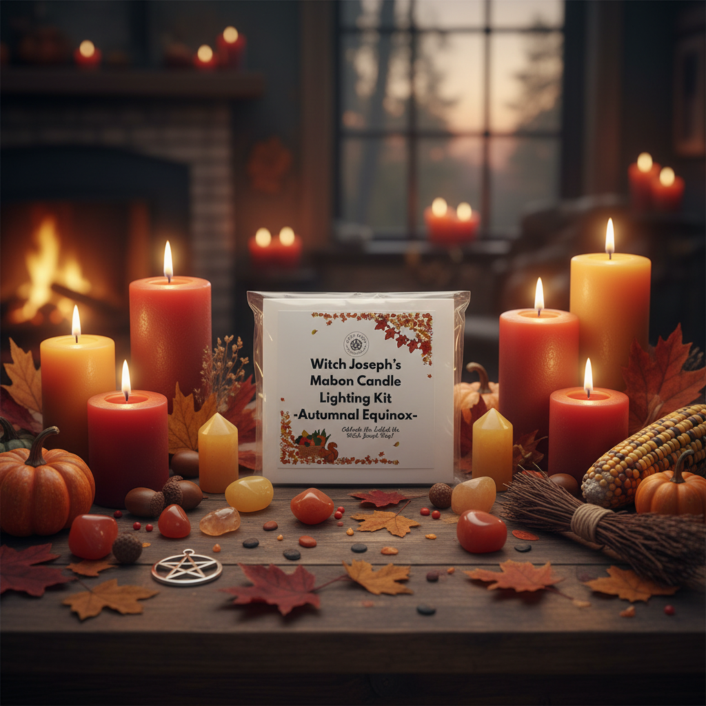 Witch Joseph’s Mabon Candle Lighting Kit sitting on a witch altar with autumnal themed items around it.