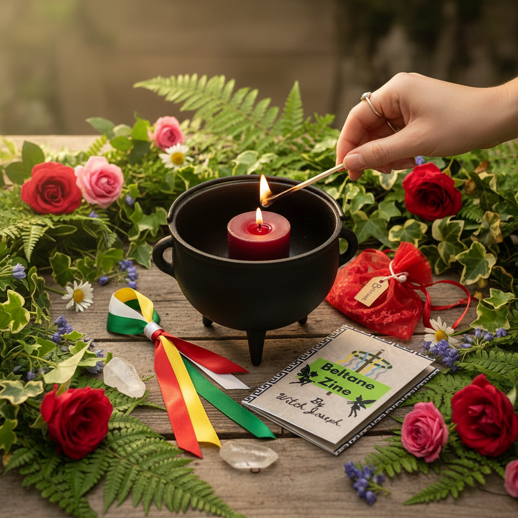 Hand lighting a Beltane candle in a black cauldron surrounded by flowers and a 'Beloved Zine' on a wooden surface.