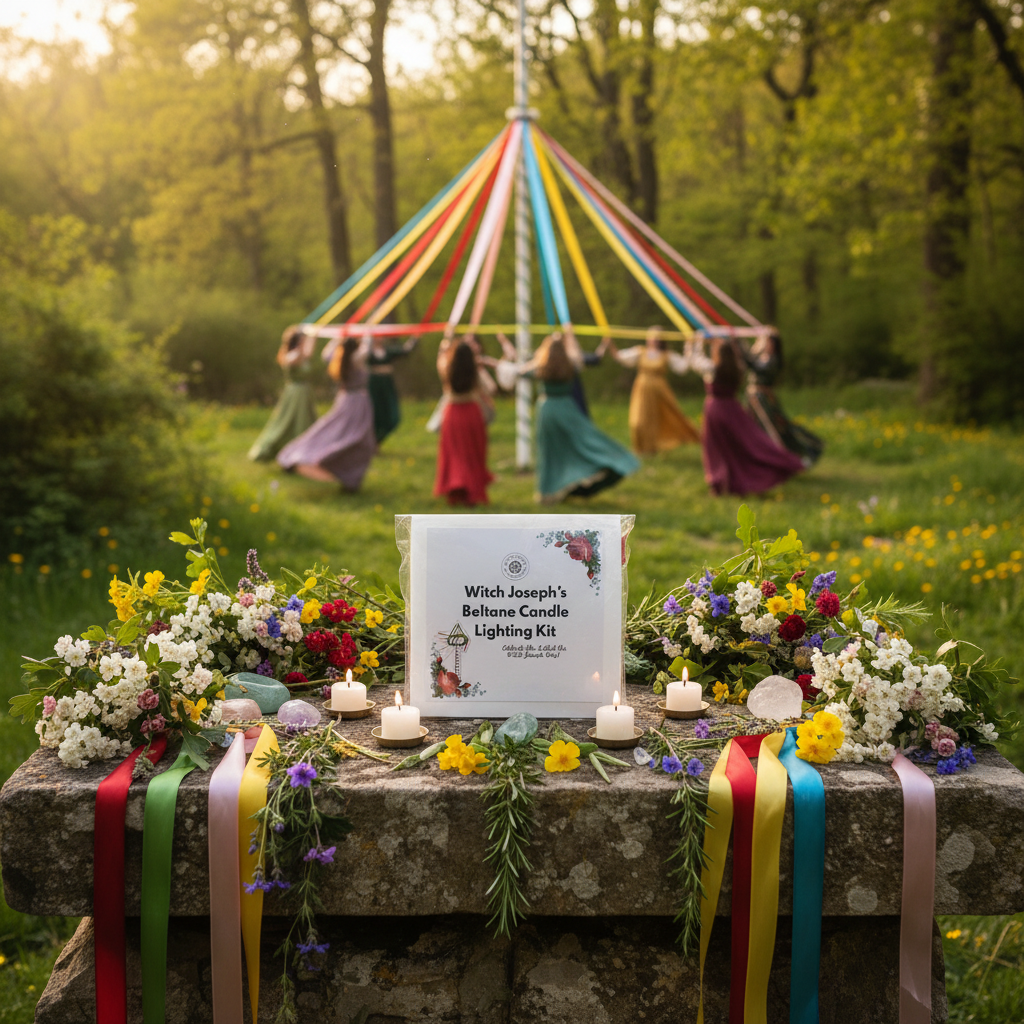 Witch Joseph's Beltane Candle Lighting Kit on a stone altar with flowers and ribbons and a maypole in a forest setting.