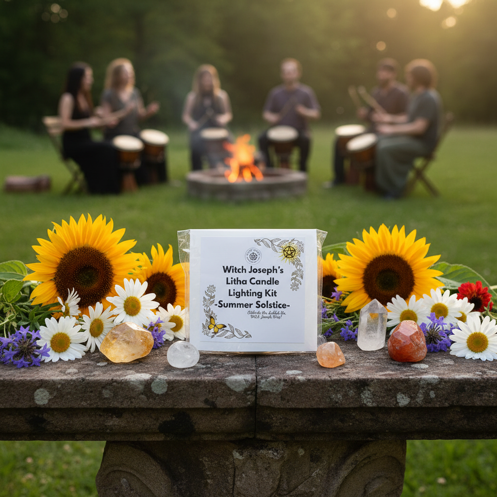 Witch Joseph's Litha Candle Lighting Kit with sunflowers, crystals, and flowers on a stone surface with people playing drums in the background.