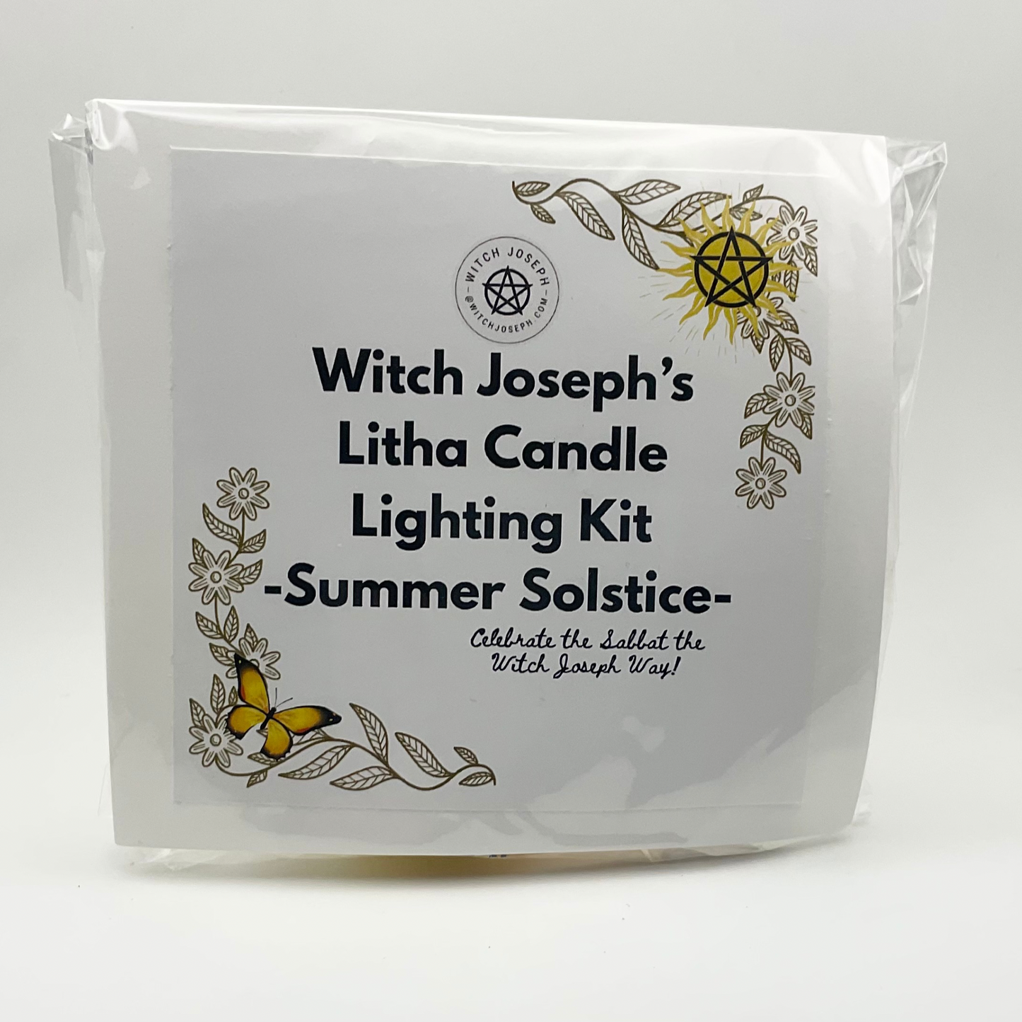 Witch Joseph's Litha Candle Lighting Kit packaging with floral and butterfly design on a white background