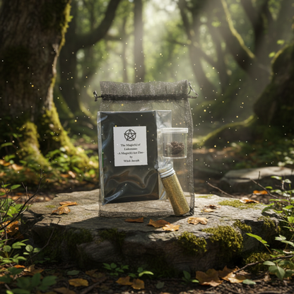 The Witch Joseph Lodestone Kit displayed on a rustic stone in a forest setting.
